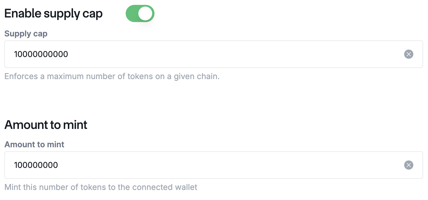 Setting token supply cap and amount to mint